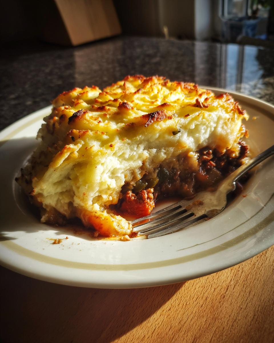 A slice of Shepherd’s pie with a golden mashed potato topping, meat filling, and a fork on a plate.