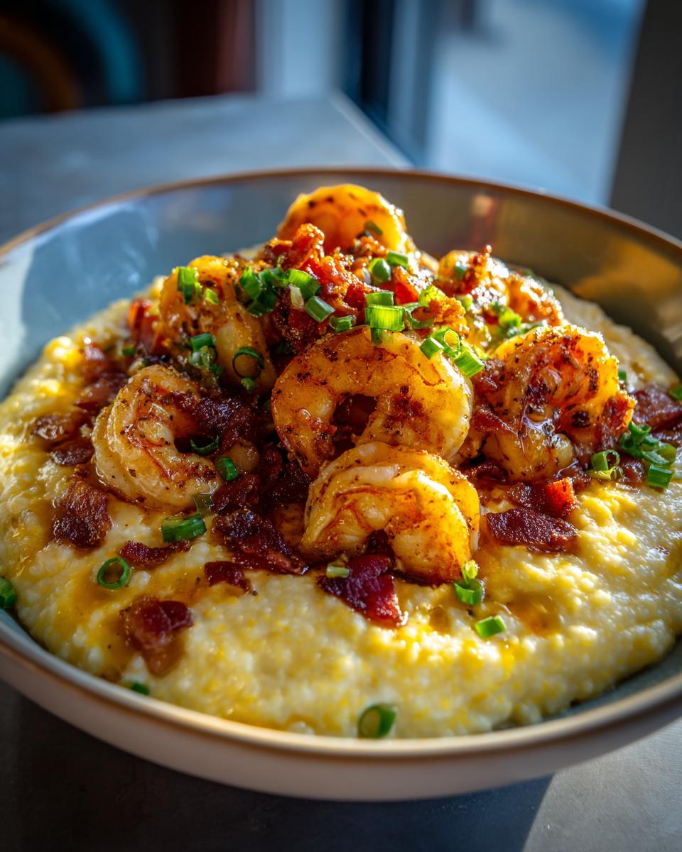 A close-up of a bowl of creamy shrimp and grits topped with seasoned shrimp, crispy bacon, and chopped green onions.