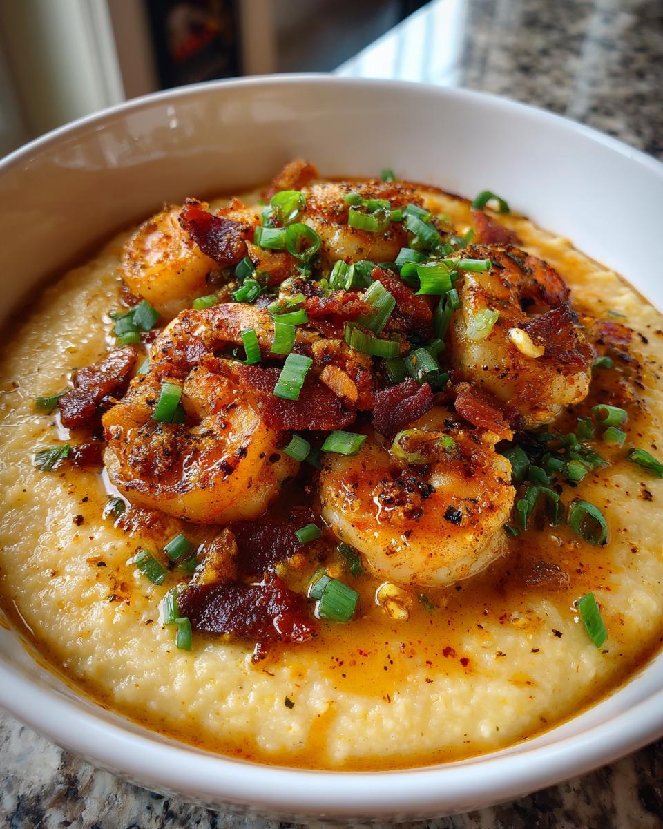 A close-up of creamy shrimp and grits topped with crispy bacon bits and fresh chives.