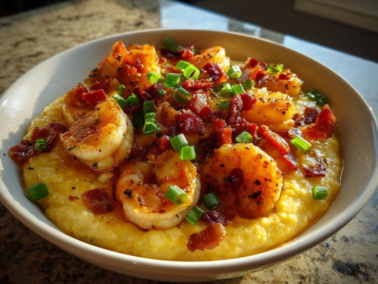 A close-up of a bowl of creamy grits topped with seasoned shrimp and crispy bacon bits, garnished with green onions.