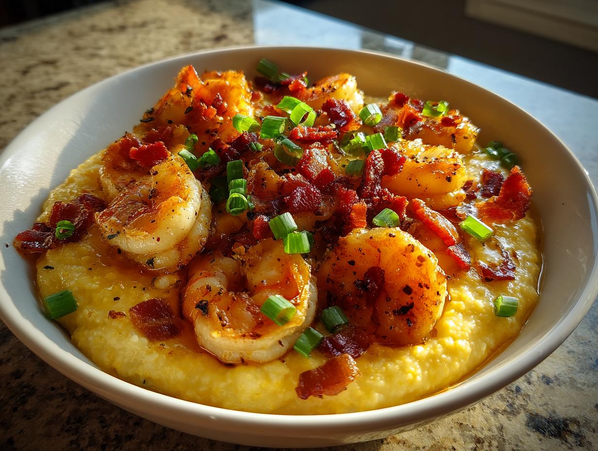 A close-up of a bowl of creamy grits topped with seasoned shrimp and crispy bacon bits, garnished with green onions.