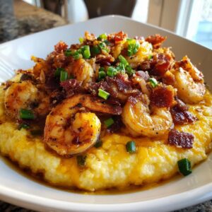 A close-up of creamy shrimp and grits topped with crispy bacon and chopped green onions.