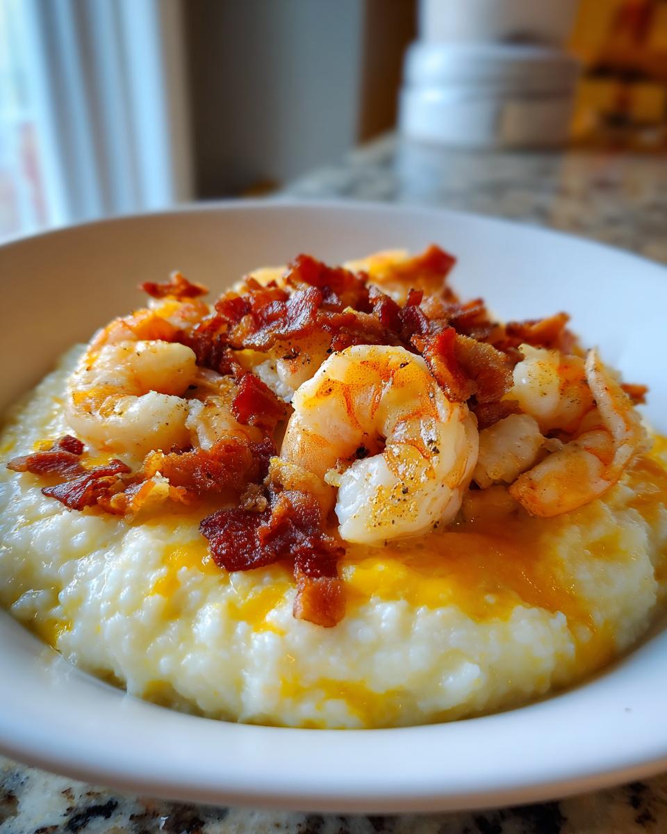 A close-up of creamy shrimp and grits topped with crispy bacon.