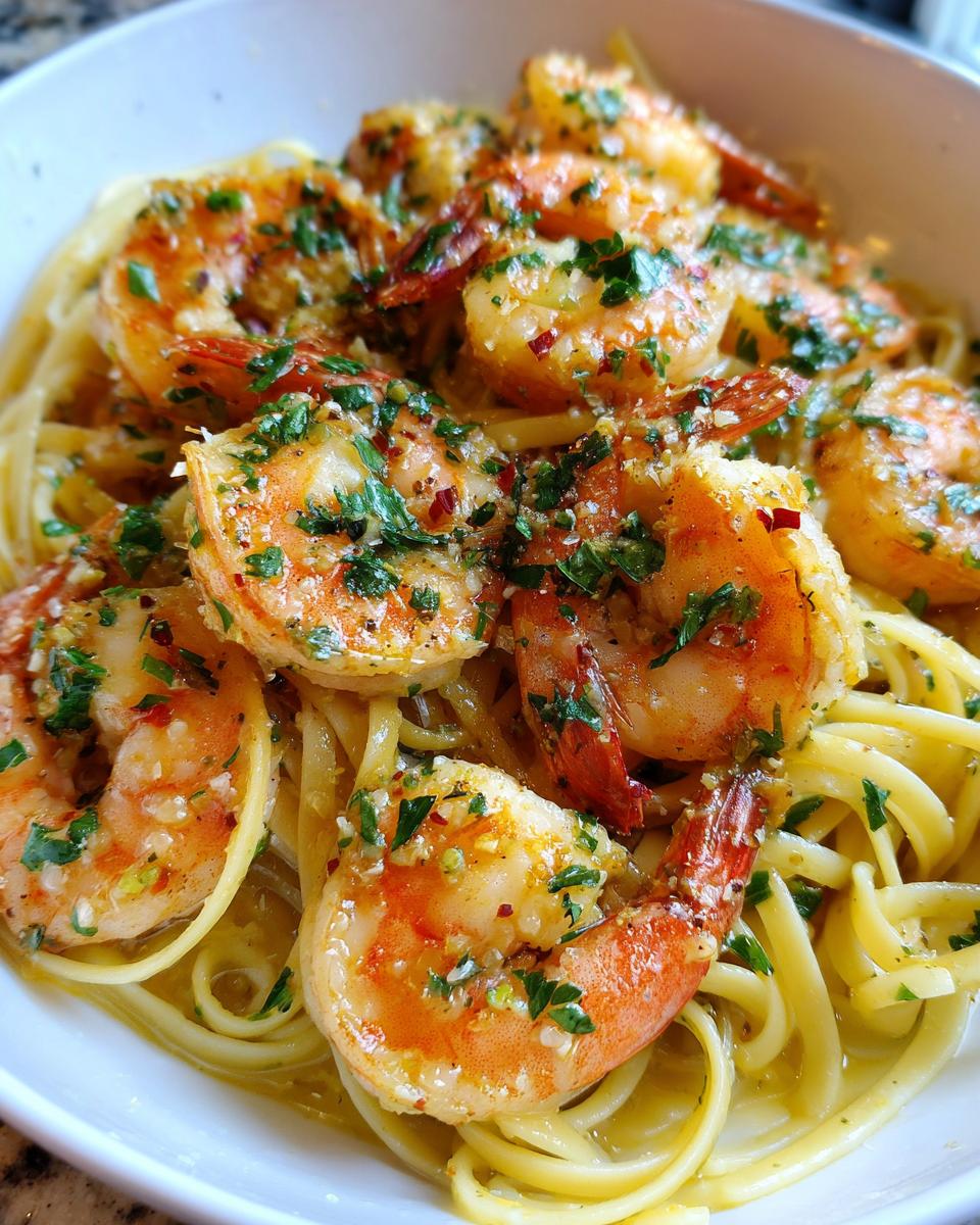 A bowl of Shrimp scampi with linguine, garnished with fresh parsley and red pepper flakes.