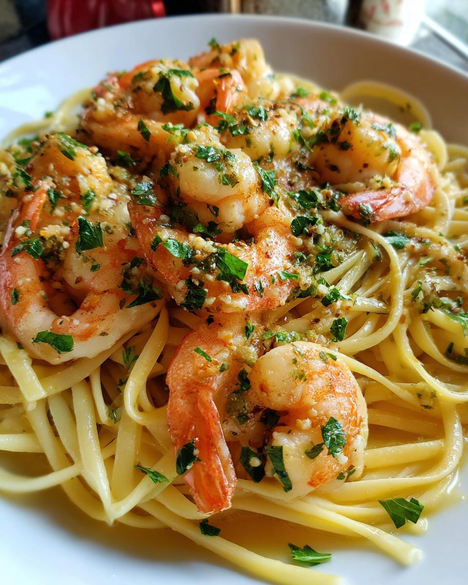 Close-up of shrimp scampi served over linguine, garnished with fresh parsley.