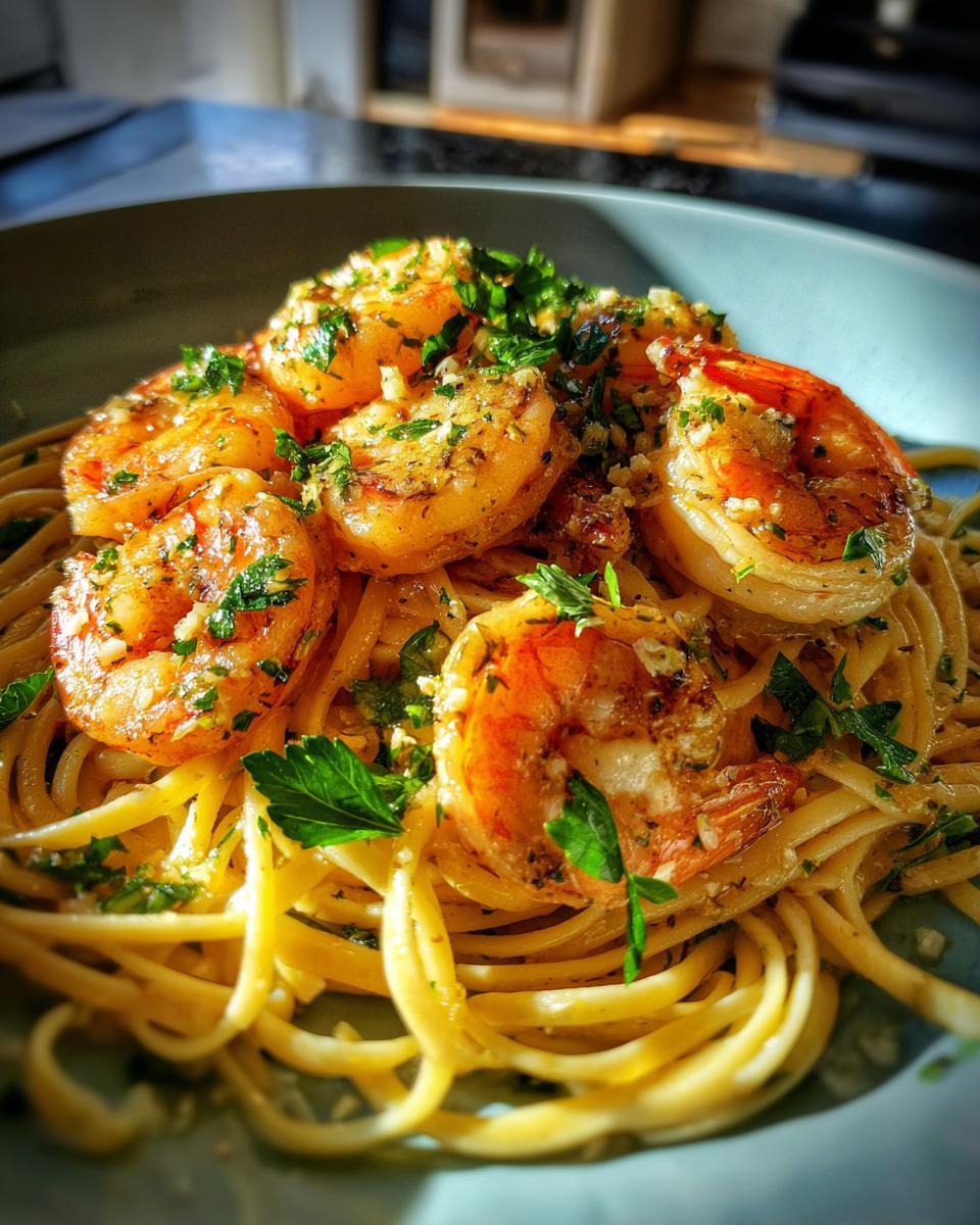A plate of Shrimp Scampi with linguine, garnished with parsley and garlic.