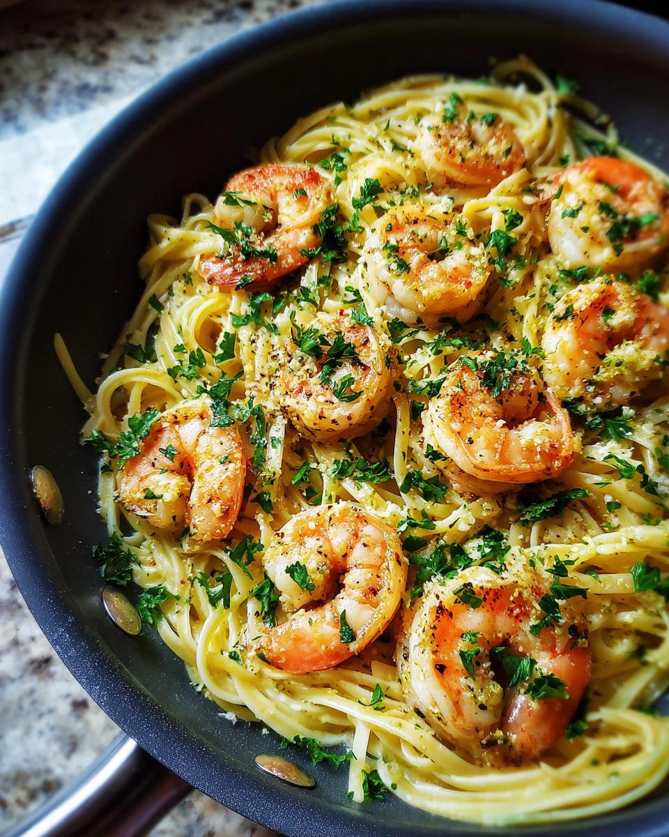 Overhead view of Shrimp Scampi with linguine, topped with parsley and parmesan cheese in a skillet.
