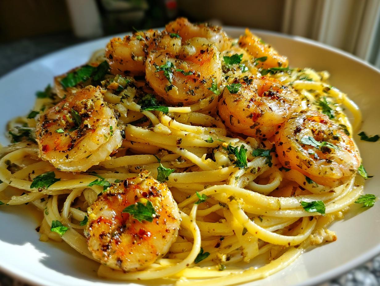 A plate of Shrimp Scampi with linguine, topped with herbs and spices. Ready to eat!