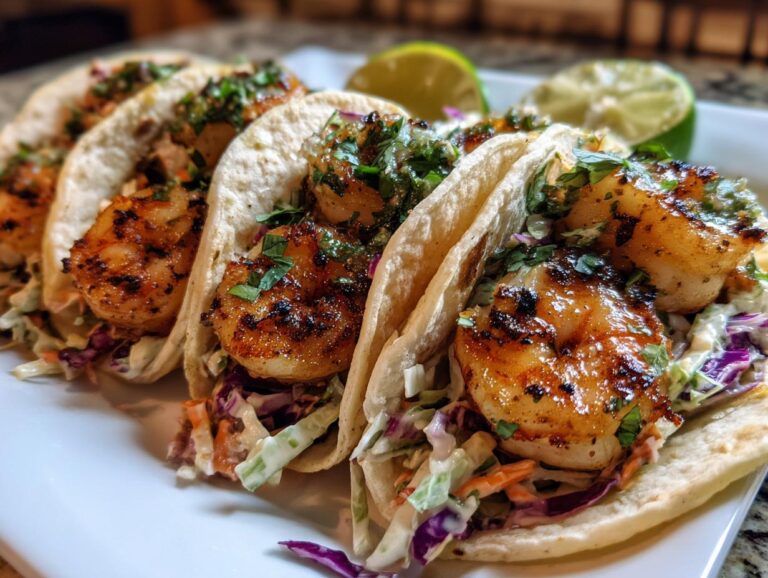 Close-up of four delicious shrimp tacos filled with seasoned shrimp, coleslaw, and cilantro, served with lime wedges.