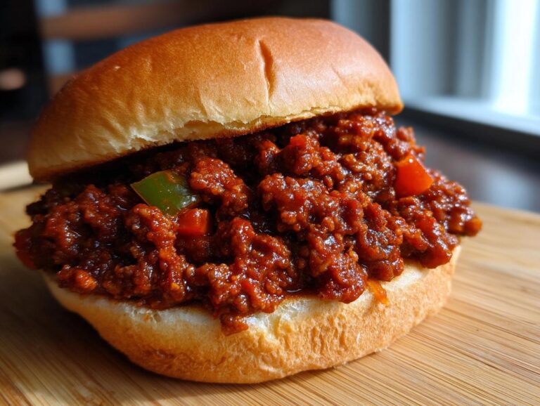 A close-up of a Sloppy Joes sandwich on a bun, filled with savory ground beef and vegetables.