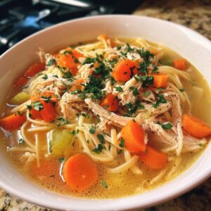 A comforting bowl of Slow Cooker Chicken Noodle Soup with chicken, noodles, carrots, and celery.