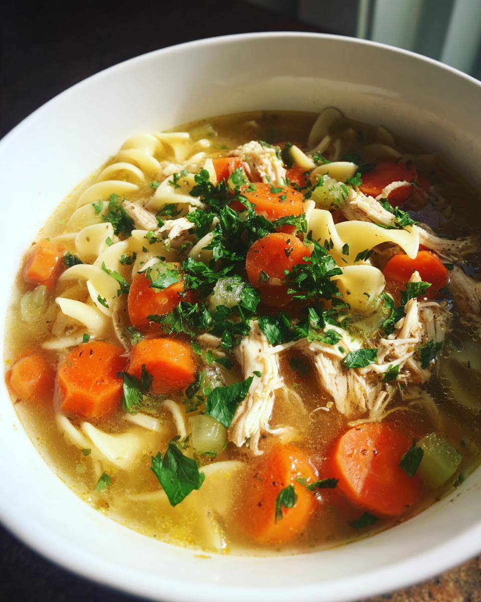 A comforting bowl of Slow Cooker Chicken Noodle Soup, filled with chicken, noodles, carrots, and herbs.