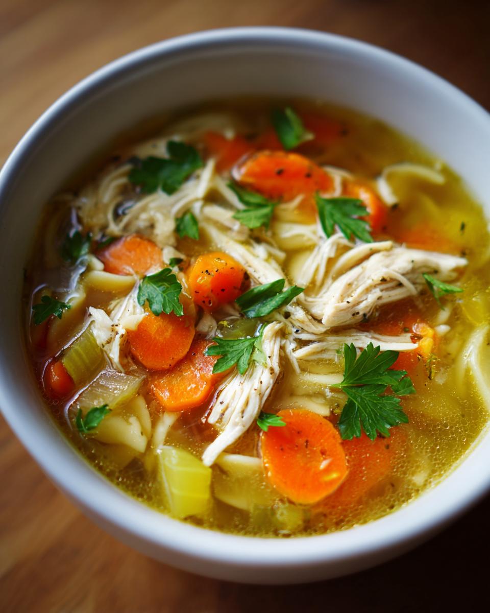 Overhead shot of a bowl of Slow Cooker Chicken Noodle Soup with chicken, noodles, carrots, and celery.