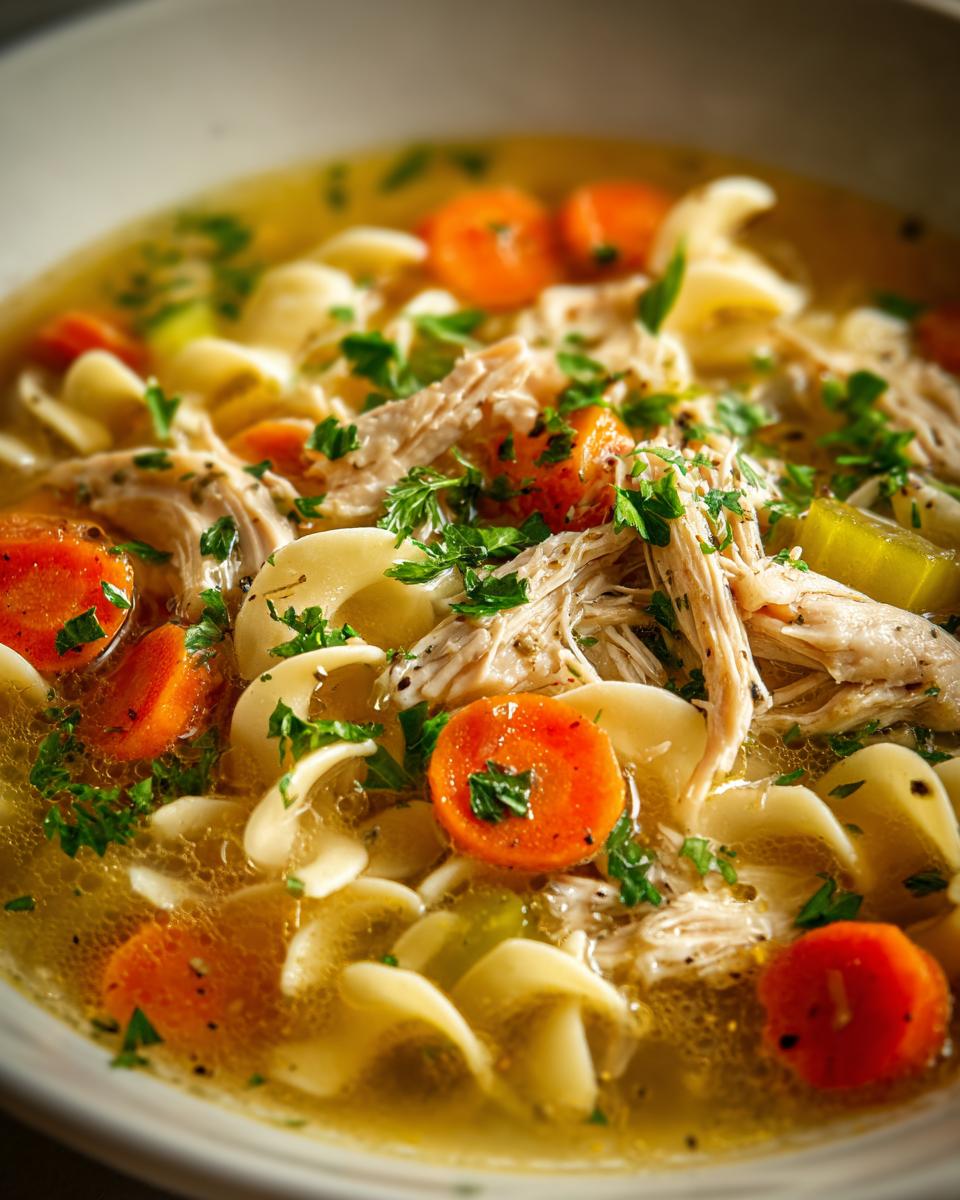 A comforting bowl of Slow Cooker Chicken Noodle Soup with chicken, noodles, carrots, and herbs.