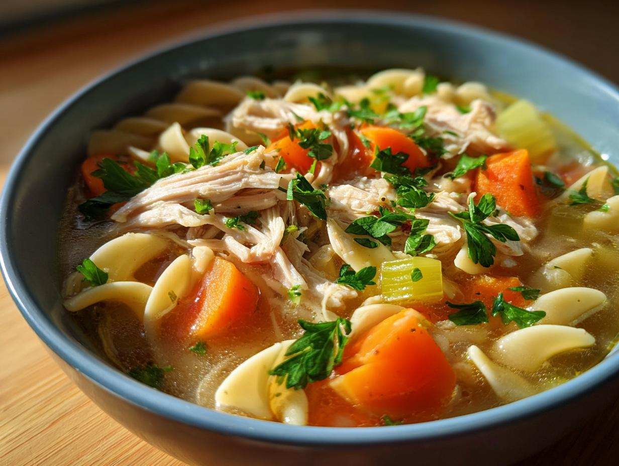 A comforting bowl of Slow Cooker Chicken Noodle Soup with chicken, noodles, carrots, and celery.
