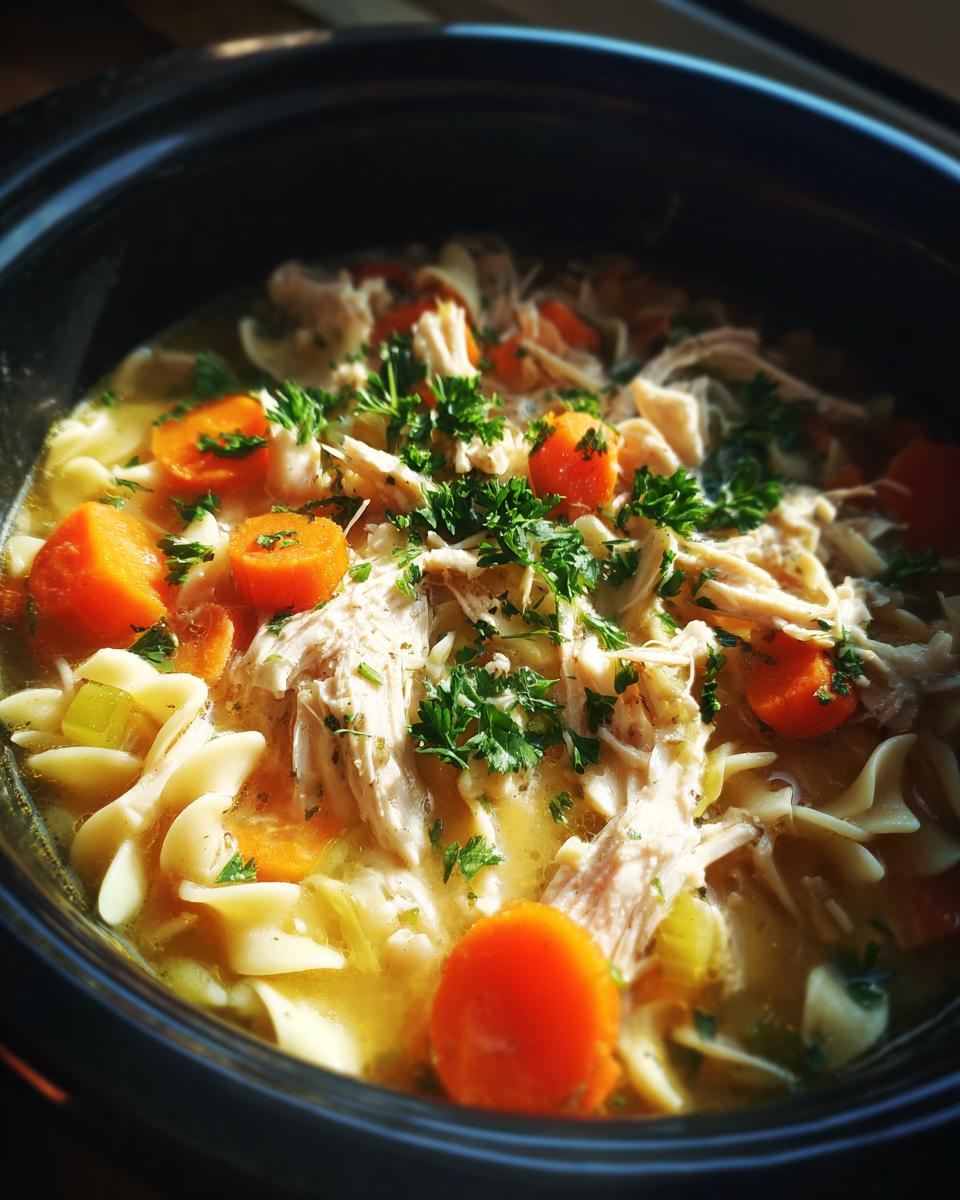 Close-up of Slow Cooker Chicken Noodle Soup in a dark crockpot, featuring chicken, noodles, carrots, and parsley.