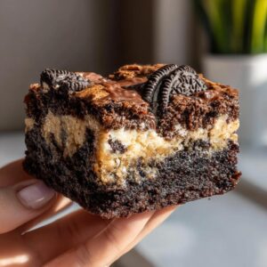 A hand holds a decadent slutty brownie slice, showcasing its three layers: cookie dough, Oreo filling, and brownie.