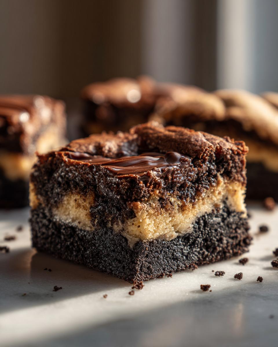 A close-up of a decadent slutty brownie, showcasing its three distinct layers of cookie dough, Oreo and fudgy brownie.