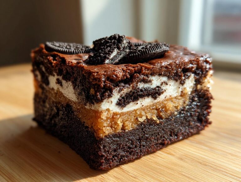 A decadent slutty brownie featuring layers of brownie, cookie dough, and Oreo filling, topped with Oreo pieces.