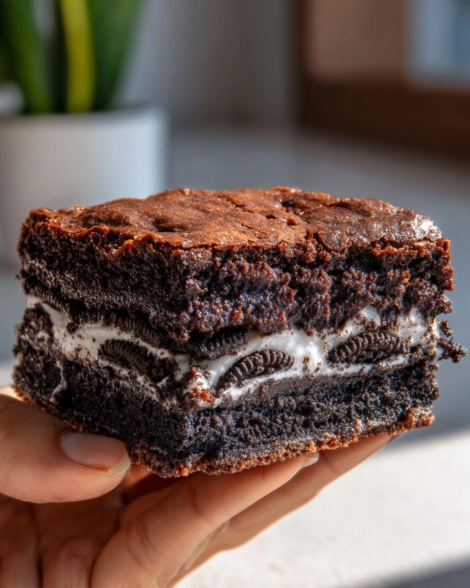A hand holds a decadent slutty brownie, showcasing its layers of brownie, Oreos, and more brownie.