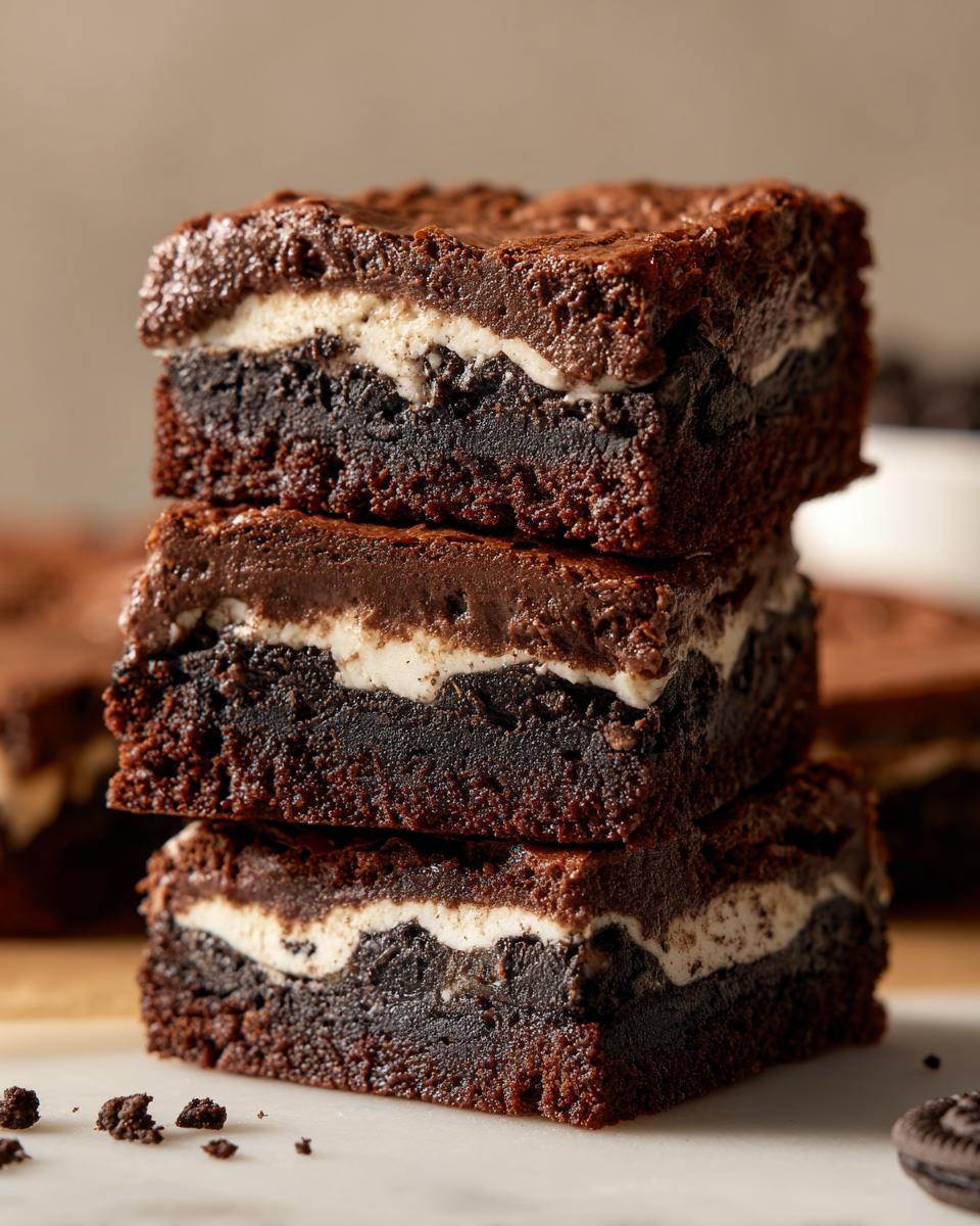 A stack of three slutty brownies, showcasing the layers of cookie dough, Oreo filling, and fudgy brownie.