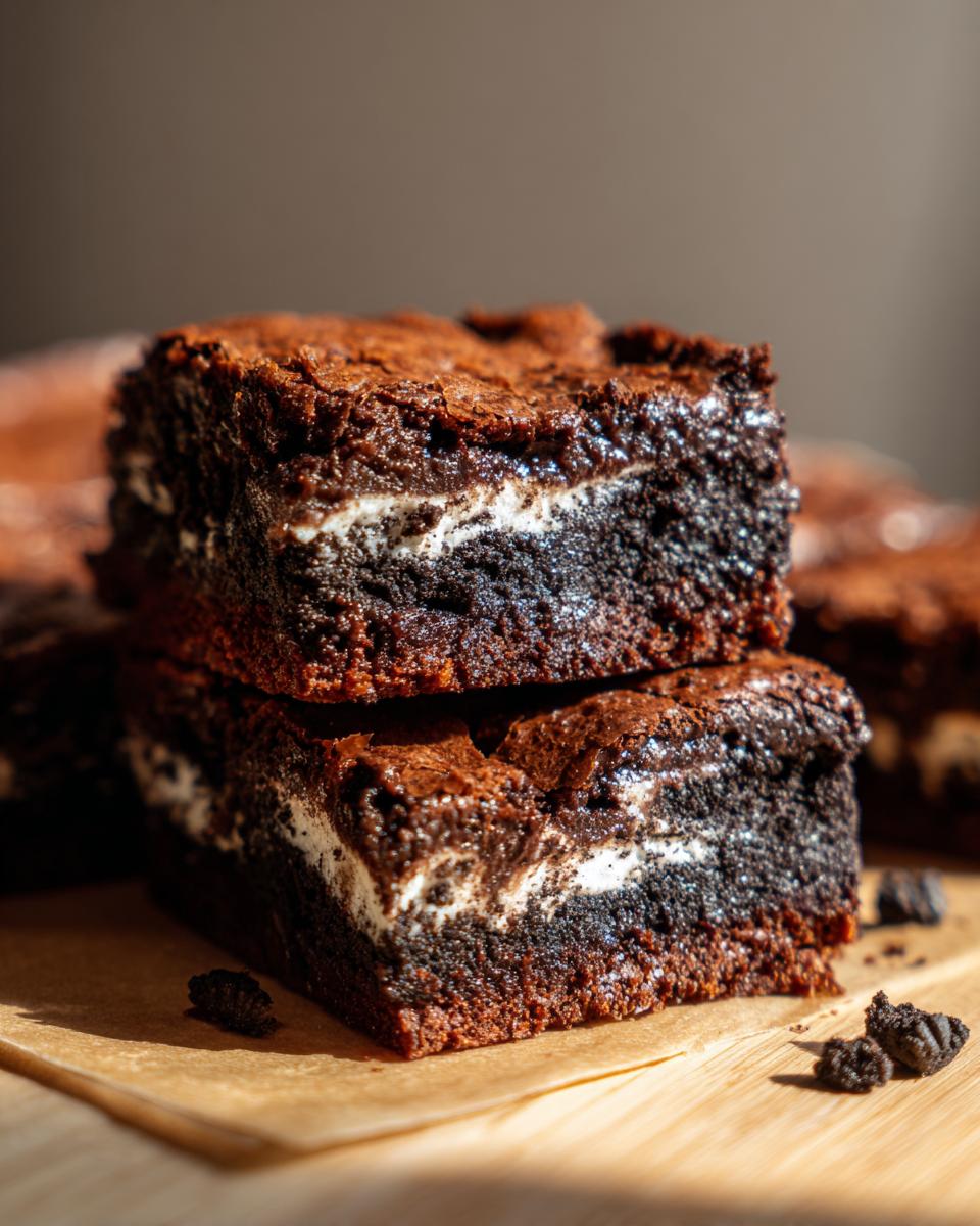 Two slutty brownies stacked on top of each other, showcasing the Oreo layer between the cookie dough and brownie.