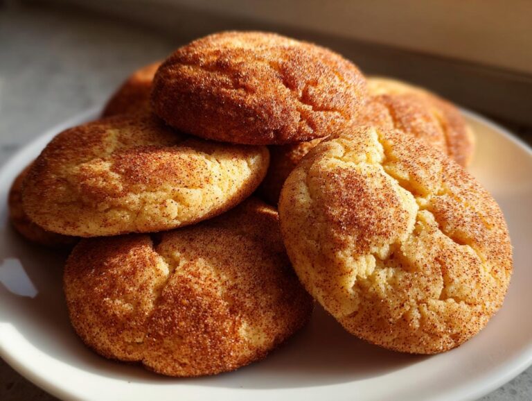 A close-up of several classic Snickerdoodle cookies piled on a white plate, dusted with cinnamon sugar.