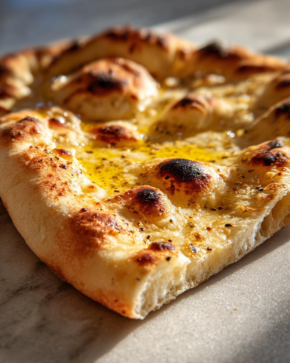 Close-up of a piece of soft, chewy naan bread brushed with melted butter and herbs.