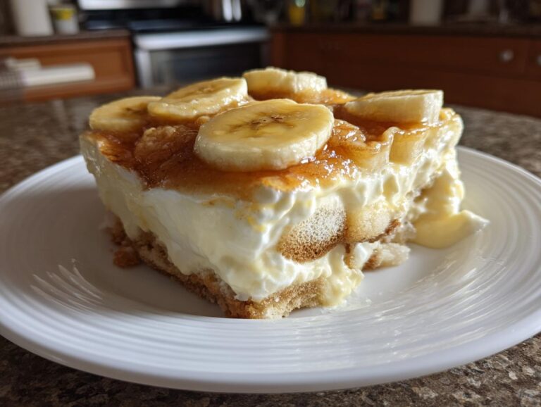 A delicious slice of Southern Banana Pudding, layered with creamy custard, vanilla wafers, and fresh banana slices.