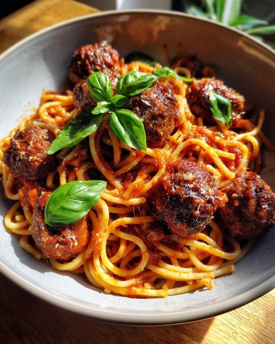 A close-up bowl of spaghetti and meatballs in marinara sauce, garnished with fresh basil leaves.