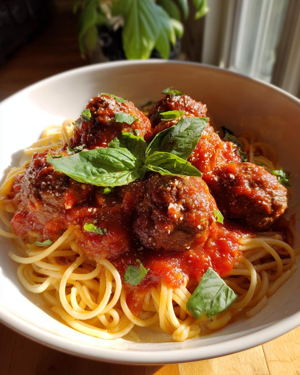 A close-up of a bowl of spaghetti and meatballs, topped with rich tomato sauce and fresh basil leaves.