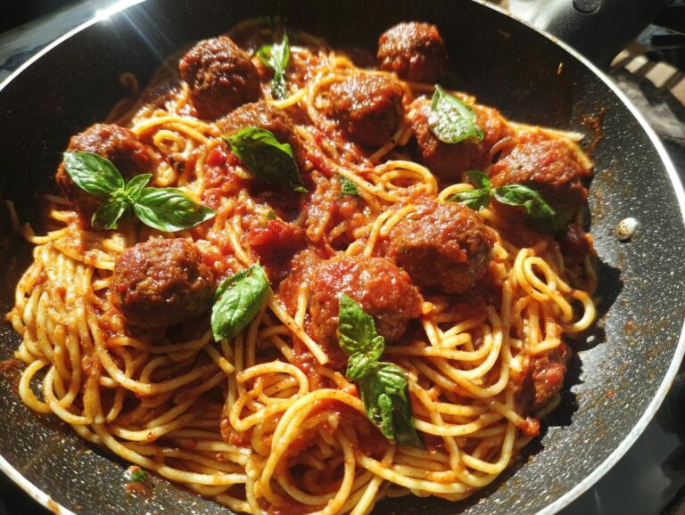 A close-up of a pan filled with spaghetti and meatballs in a rich tomato sauce, garnished with fresh basil.