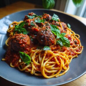 A close-up of a plate of spaghetti and meatballs, covered in rich tomato sauce and topped with fresh basil leaves.