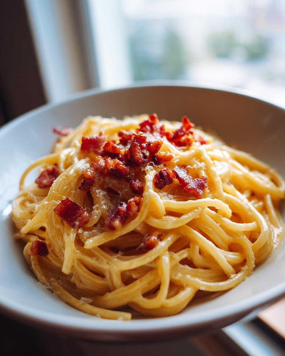 A close-up shot of a bowl of spaghetti carbonara topped with crispy bacon bits.