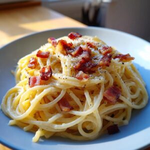 A close-up of a plate of spaghetti carbonara, topped with crispy bacon bits and grated cheese.
