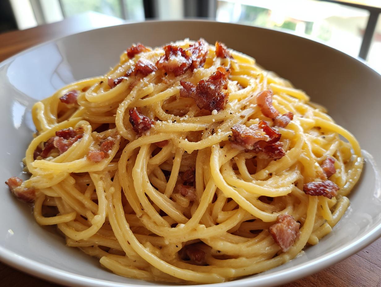A close-up of a bowl of spaghetti carbonara topped with crispy bacon bits and grated cheese.