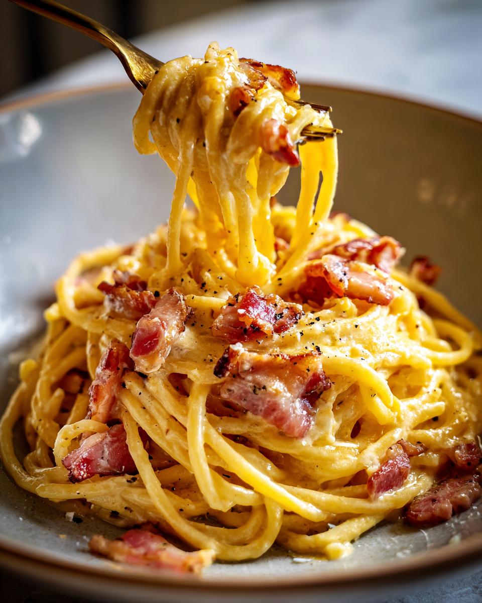 A fork lifting a swirl of spaghetti carbonara, coated in creamy sauce and topped with crispy bacon pieces.