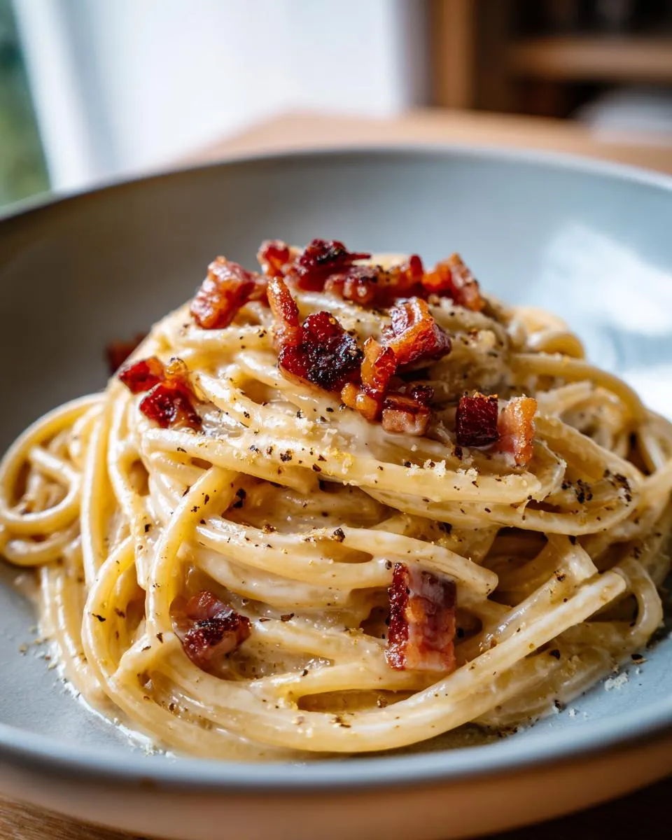 Close-up of a bowl of Spaghetti Carbonara topped with crispy guanciale and black pepper.