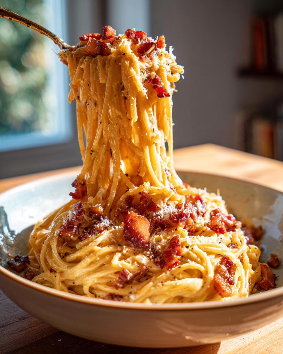 A fork lifting a generous portion of spaghetti carbonara, topped with crispy pancetta and grated cheese.