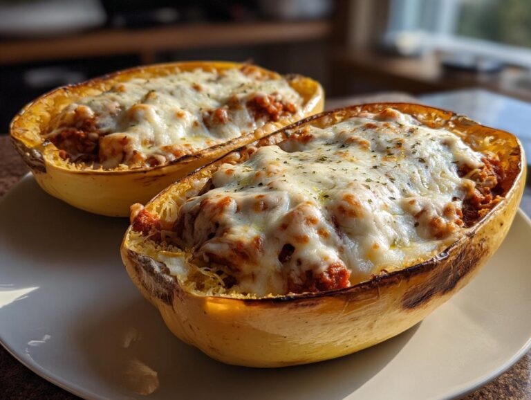 Two spaghetti squash lasagna boats filled with meat sauce and melted cheese, garnished with herbs.