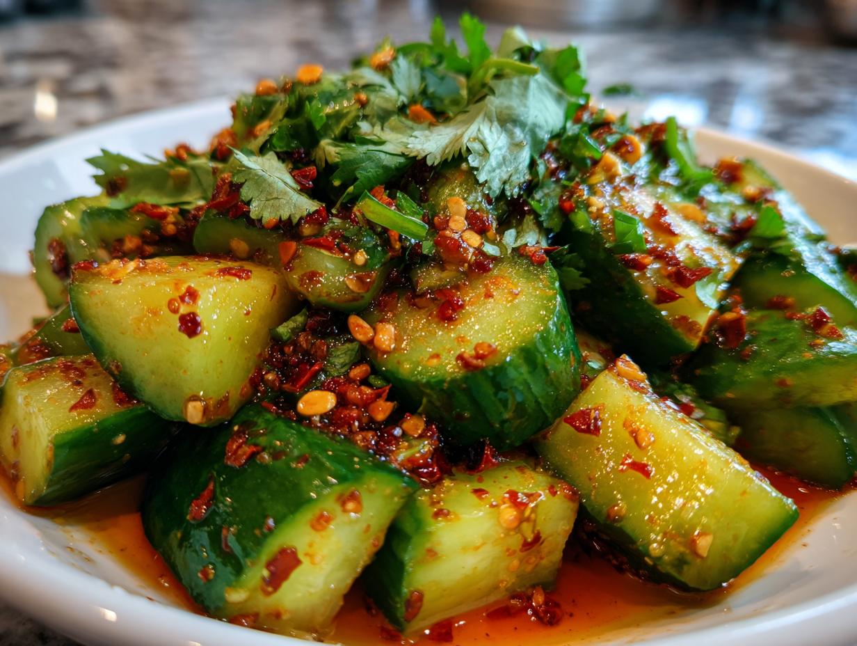 A close-up of a refreshing Spicy Cucumber Salad, featuring chopped cucumbers coated in chili oil and garnished with fresh cilantro.