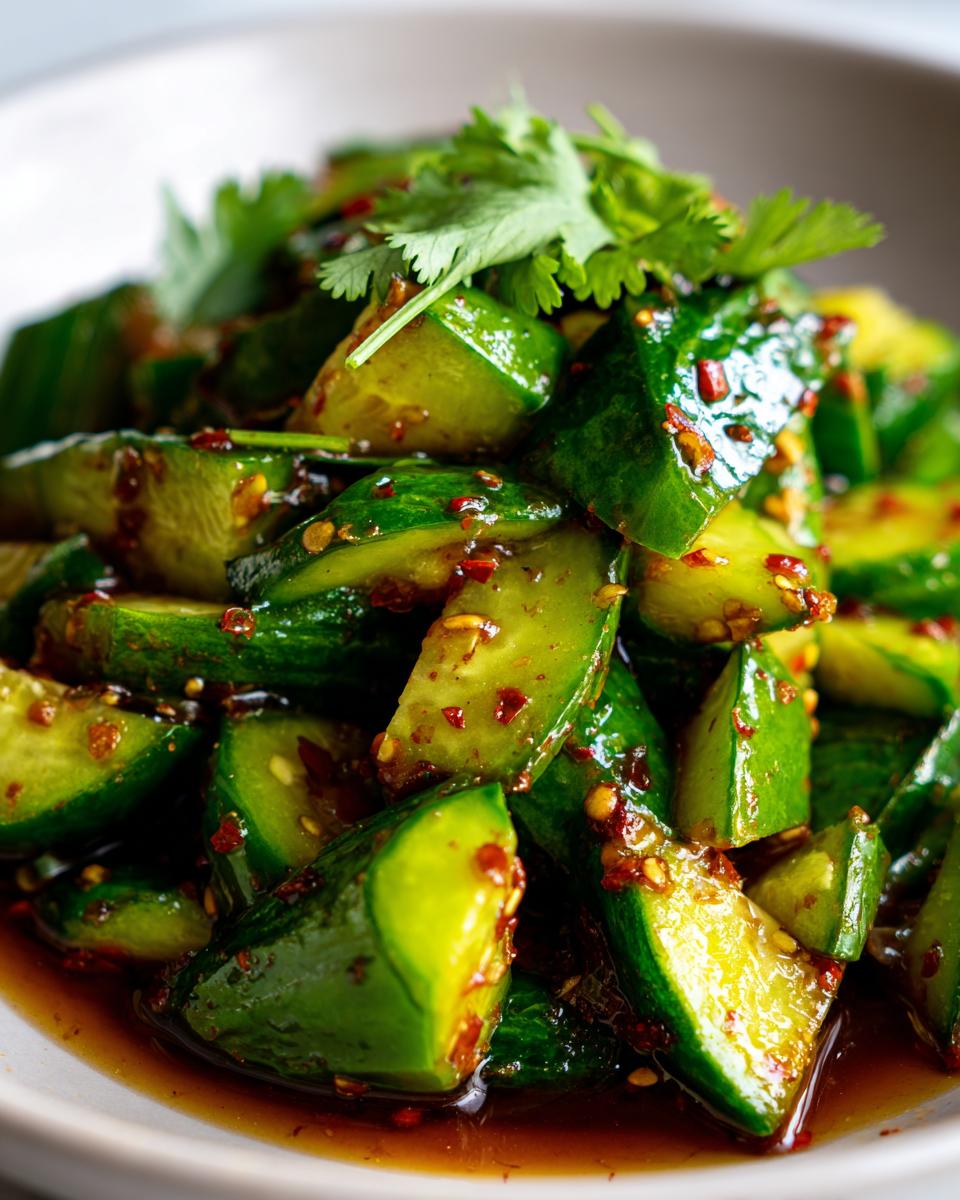 Close-up of a refreshing Spicy Cucumber Salad tossed in a flavorful dressing with chili flakes and fresh cilantro.