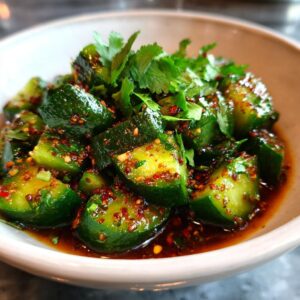 A close-up of a bowl of Spicy Cucumber Salad, featuring chopped cucumbers coated in a flavorful sauce with chili flakes and fresh cilantro.