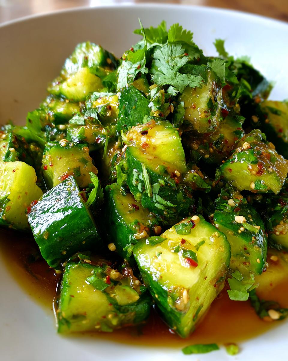 Close-up of a refreshing Spicy Cucumber Salad tossed with chili flakes, cilantro, and sesame seeds in a light dressing.