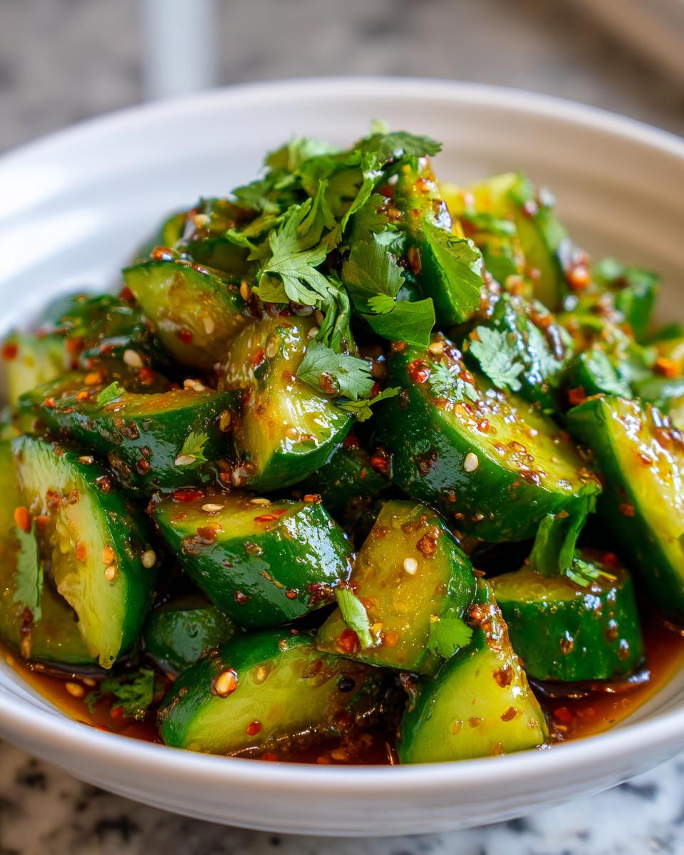 A close-up of a bowl filled with chopped Spicy Cucumber Salad, garnished with fresh cilantro and sesame seeds.