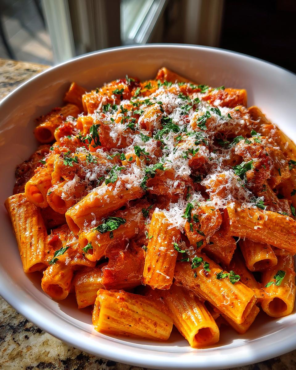 Bowl of spicy vodka pasta, topped with parmesan cheese and fresh parsley. Ready to eat!