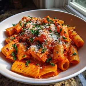 Close-up of a bowl of spicy vodka pasta, topped with fresh parsley and grated cheese.