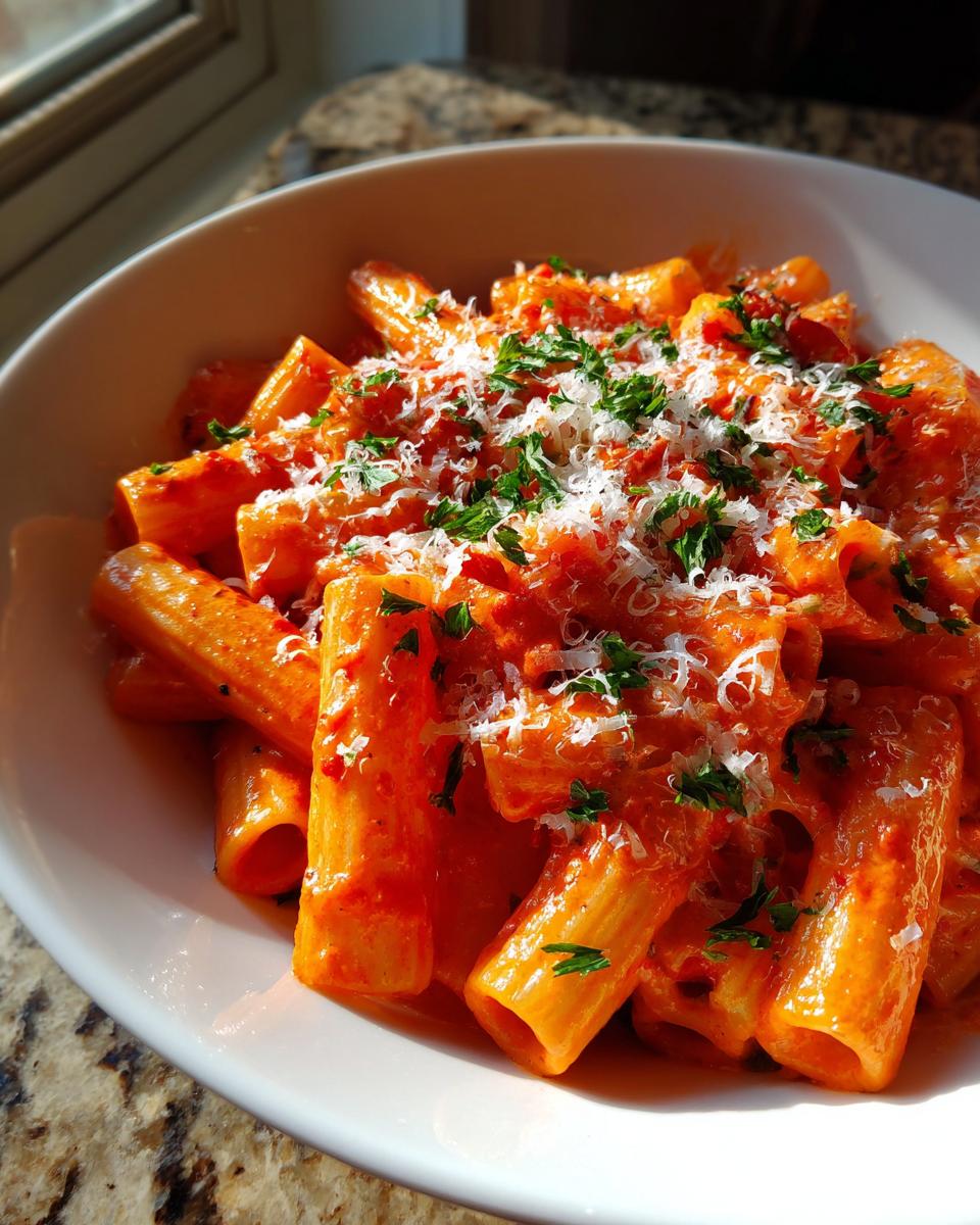 Close-up of a bowl of spicy vodka pasta, topped with parmesan cheese and fresh parsley.