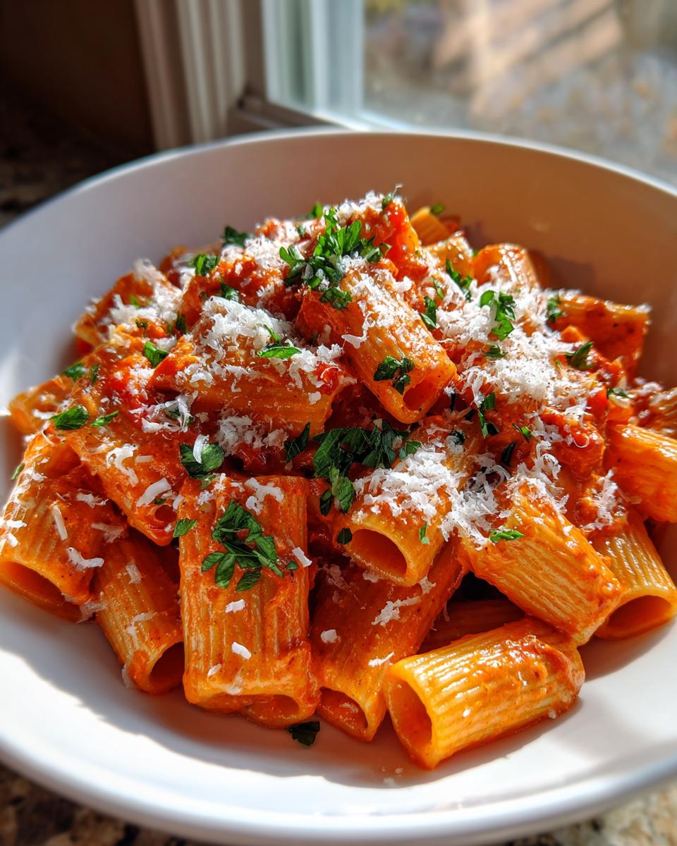 Bowl of spicy vodka pasta, featuring rigatoni, creamy tomato sauce, grated cheese, and fresh parsley.