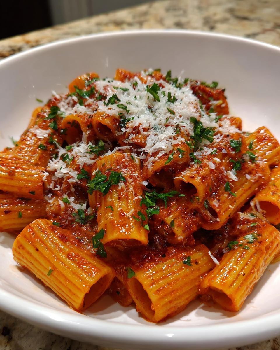 A bowl of spicy vodka pasta featuring rigatoni, rich red sauce, parmesan cheese, and fresh parsley.